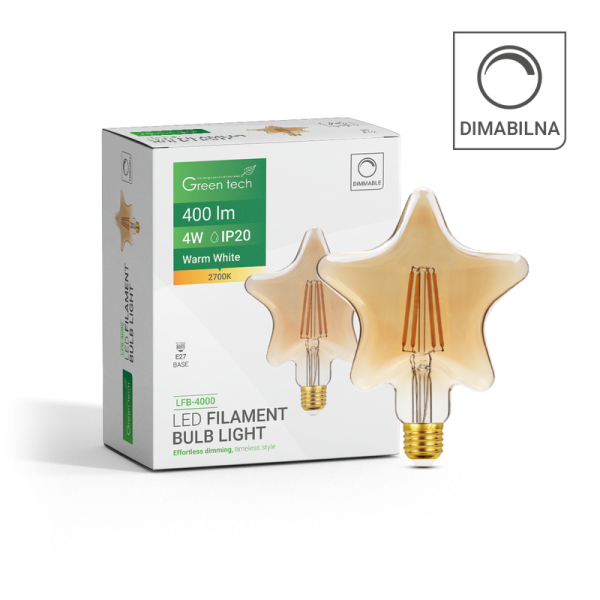 GREEN TECH LED filament žarulja Green Tech 4W, 2700K, E27, AC220V, amber, dimabilna - LFB-4000