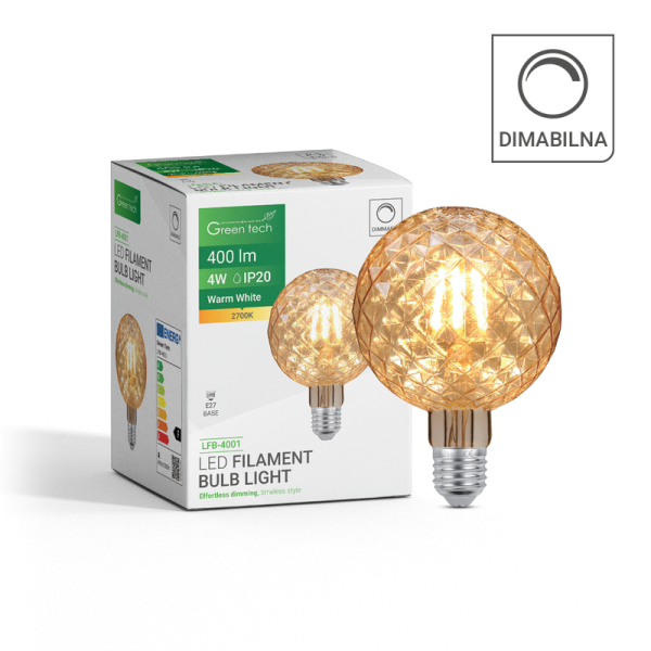 GREEN TECH LED filament žarulja Green Tech 4W, 2700K, E27, AC220V, amber, dimabilna - LFB-4001