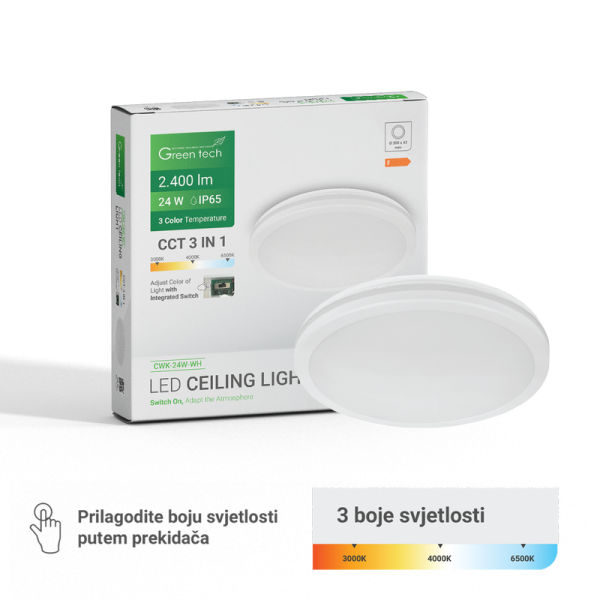 GREEN TECH LED plafonjera Green Tech 24W, 3CCT, 30 cm, IP65, bijela - CWK-24W-WH