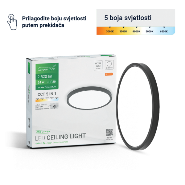 GREEN TECH LED plafonjera Green Tech 24W, 5 CCT 3000K-3500K-4000K-5000K-6500K, fi40 cm - CNX-24W-BK