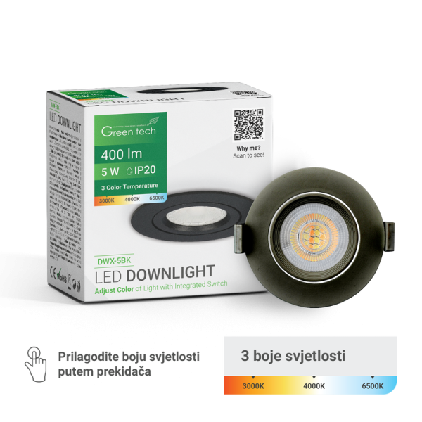 GREEN TECH LED downlight Green Tech 400 lm, 5W, 3CCT, 3000K-4000-6500K, crni - DWX-5BK