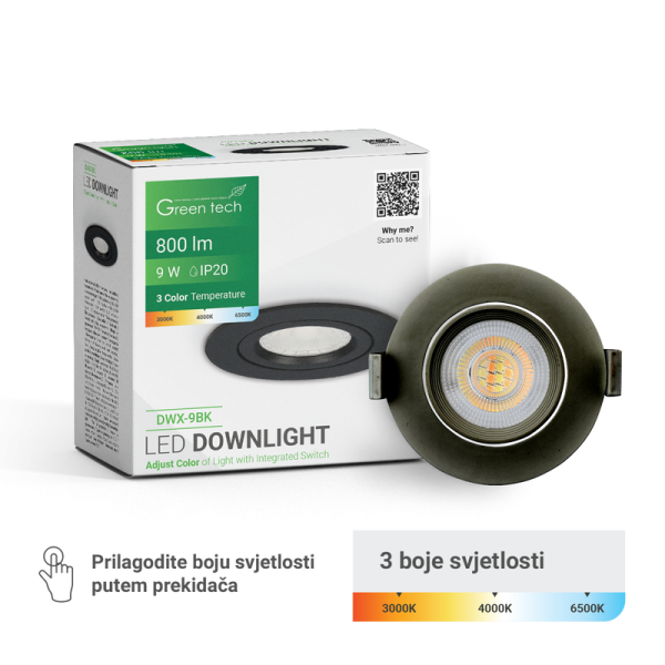 GREEN TECH LED downlight Green Tech 800 lm, 9W, 3CCT, 3000K-4000-6500K, crni - DWX-9BK