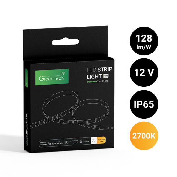 GREEN TECH LED traka Green Tech 80 LED, 8 mm, 9.6W/m, 2700K, DC 12V, IP65, 5m/kom - S80122700IP65