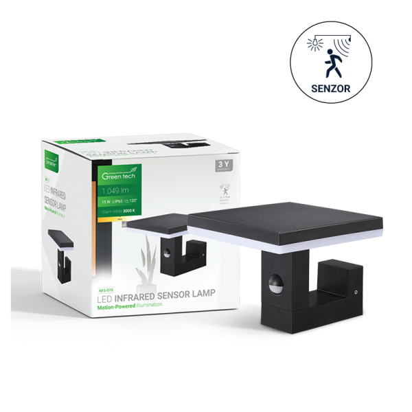 GREEN TECH LED zidna svjetiljka sa senzorom Green Tech, 15W, 3000K, crna boja - KFS-070