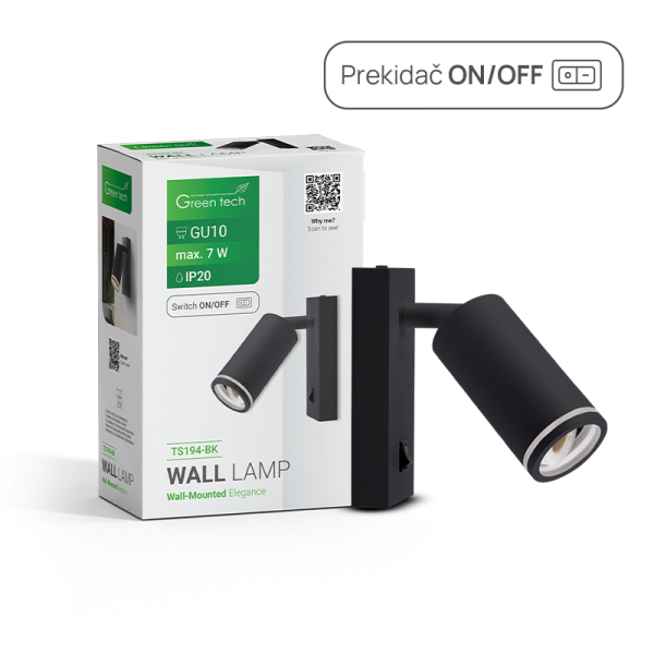 GREEN TECH Zidna svjetiljka Green Tech, grlo GU10, IP20, crna boja - TS194-BK