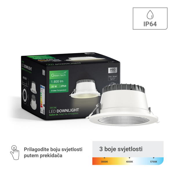 GREEN TECH LED downlight Green Tech 20W, 3CCT, promjer 145-155 mm - DWE-20W