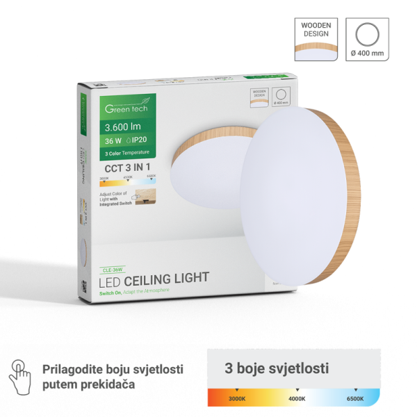 GREEN TECH LED plafonjera Green Tech 36W, 3CCT, 40 cm, drveni okvir - CLE-36W