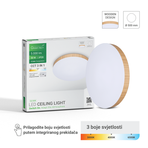 GREEN TECH LED plafonjera Green Tech 50W, 3CCT, 50 cm, drveni okvir - CLE-50W