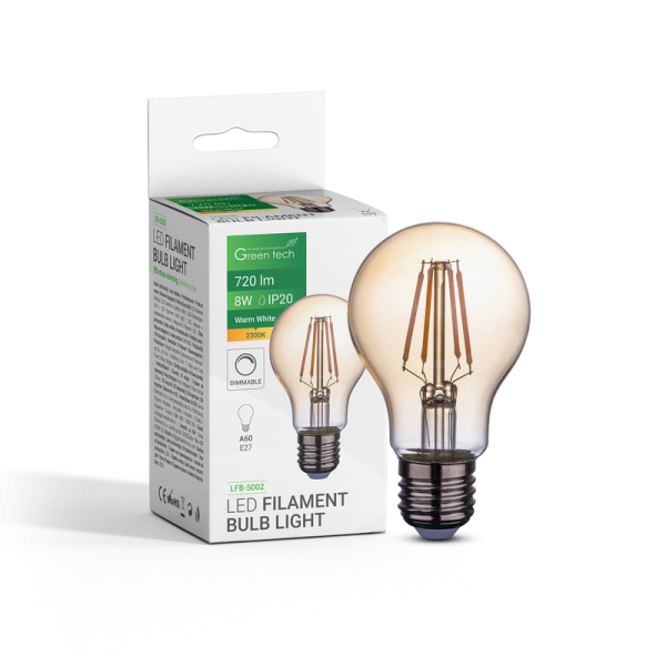 GREEN TECH LED filament žarulja Green Tech 8W, 2300K, E27, AC220V, A60, amber, dimabilna - LFB-5002