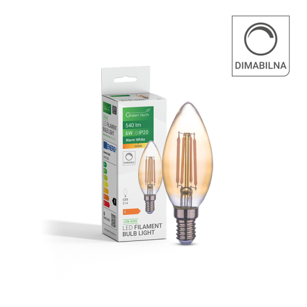 GREEN TECH LED filament žarulja Green Tech 6W, 2300K, E14, AC220V, C35, amber, dimabilna - LFB-5202