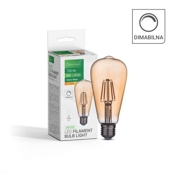 GREEN TECH LED filament žarulja Green Tech 8W, 2300K, E27, AC220V, ST64, amber, dimabilna - LFB-5301