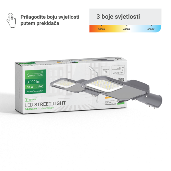 GREEN TECH LED ulična svjet. Green Tech 30W, 3900lm, Philips LED, 3 CCT 3000K-4000K-6000K - S10B-30W