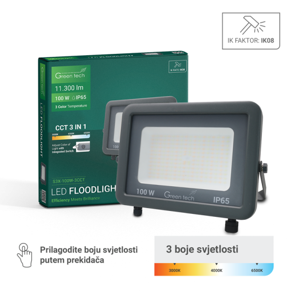 GREEN TECH LED reflektor Green Tech 100W, 3CCT, IP65, aluminij - S3X-100W-3CCT