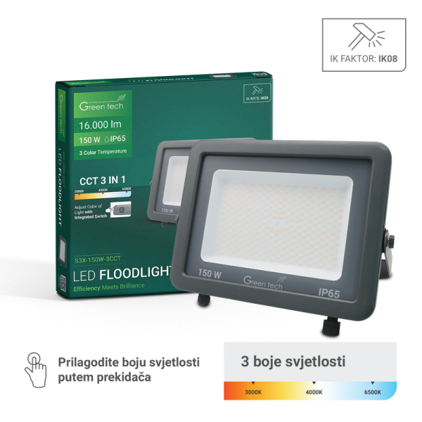 GREEN TECH LED reflektor Green Tech 150W, 3CCT, IP65, aluminij - S3X-150W-3CCT