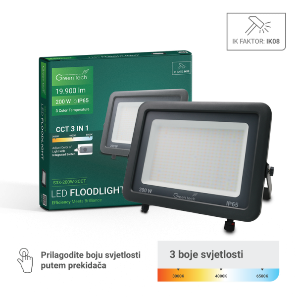GREEN TECH LED reflektor Green Tech, 200W, 3CCT, IP65, aluminij - S3X-200W-3CCT