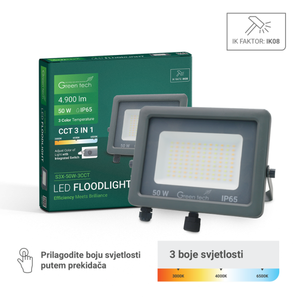 GREEN TECH LED reflektor Green Tech 50W, 3CCT, IP65, aluminij - S3X-50W-3CCT