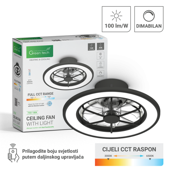 GREEN TECH Stropni ventilator sa svjetiljkom Green Tech, 18", 40W, 3CCT, crni - FNX-18BK