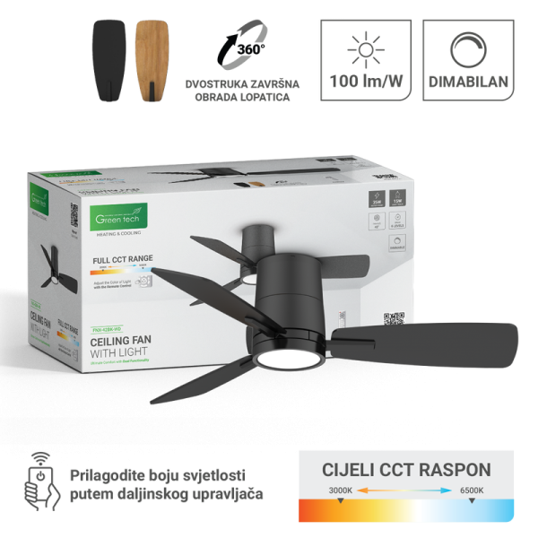 GREEN TECH Stropni ventilator sa svjetiljkom Green Tech, 42", 15W, 3CCT, Crno ili Drvo - FNX-42BK-WD