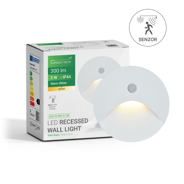 GREEN TECH LED ugradna zidna svjetiljka sa senzorom Green Tech 3W, 3000K IP44, bijela - UGS-R-WH-S-3W
