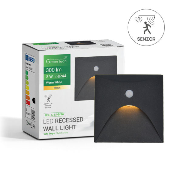 GREEN TECH LED ugradna zidna svjetiljka sa senzorom Green Tech 3W, 3000K IP44, crna - UGS-S-BK-S-3W
