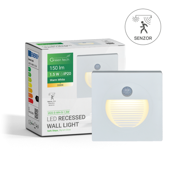 GREEN TECH LED ugradna zidna svjetiljka sa senzorom Green Tech 1,5W, 3000K IP20, bijela - UGS-S-WH-S-1,5W