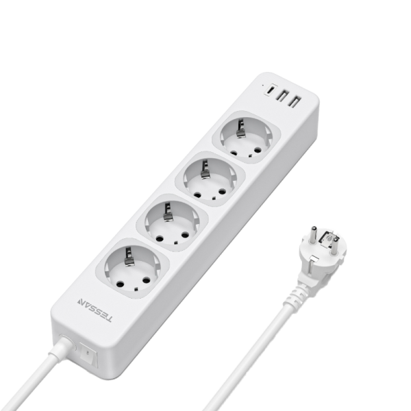 Tessan Produžni kabel Tessan TS-307-C, 4x AC, 2x USB-A, 1x USB-C, 2m, 15W
