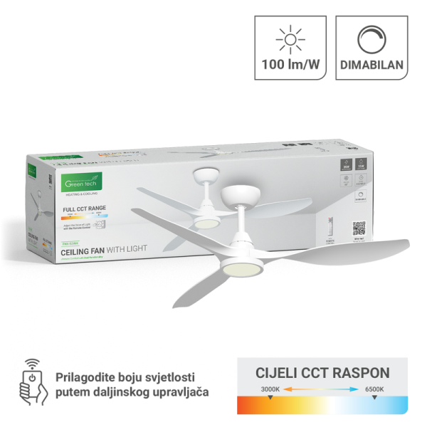GREEN TECH Stropni ventilator sa svjetiljkom Green Tech, 52", 15W, 3CCT, Bijeli - FNX-52WH