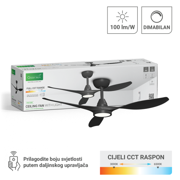 GREEN TECH Stropni ventilator sa svjetiljkom Green Tech, 52", 15W, 3CCT, Crni - FNX-52BK