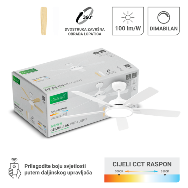GREEN TECH Stropni ventilator sa svjetiljkom Green Tech, 52", 24W, 3CCT, Bijelo ili Drvo - FNX-52-T5WH-WD