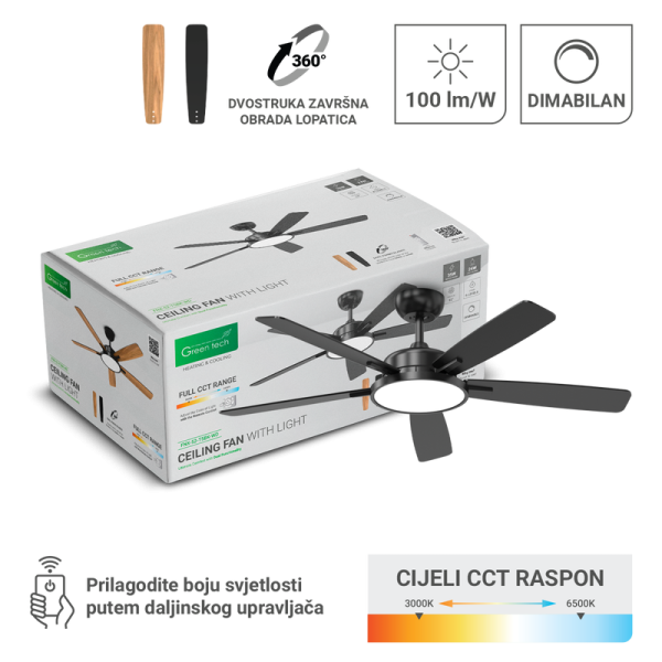 GREEN TECH Stropni ventilator sa svjetiljkom Green Tech, 52", 24W, 3CCT, Crno ili Drvo - FNX-52-T5BK-WD