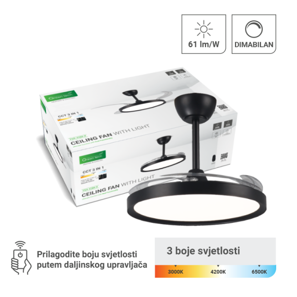 GREEN TECH Stropni ventilator sa svjetiljkom Green Tech, 42", 36W, 3CCT, Crni - FNX-42BK-R