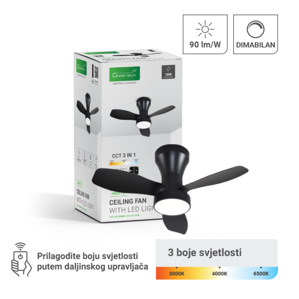 GREEN TECH Stropni ventilator sa svjetiljkom Green Tech, 24", 18W, 3CCT, crni - HNX-15