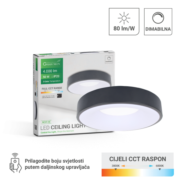 GREEN TECH Smart plafonjera Green Tech metalna 50W, 3CCT s daljinskim up., fi 40cm - NOIR-M
