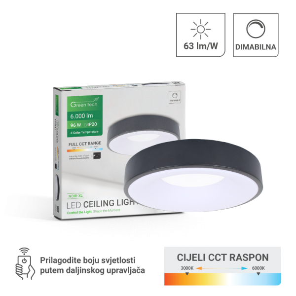 GREEN TECH Smart plafonjera Green Tech metalna 96W, 3CCT s daljinskim up., fi 60cm - NOIR-XL