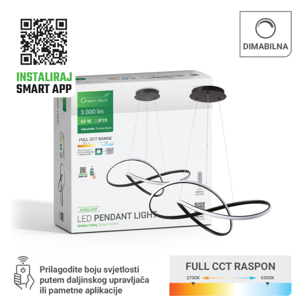 GREEN TECH Smart dekorativna visilica Green Tech 60W, 3CCT, dim, APP + daljinski upravljač - AURALOOP