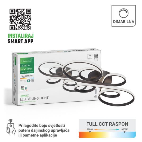 GREEN TECH Smart stropna dekorativna svjetiljka Green Tech 62W, 3CCT, dim, APP + daljinski - LEDINFINITY