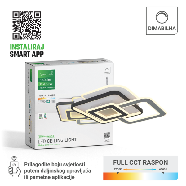 GREEN TECH Smart stropna dekorativna svjetiljka Green Tech 94W, 3CCT, dim, APP + daljinski - LUMINAFRAME-S
