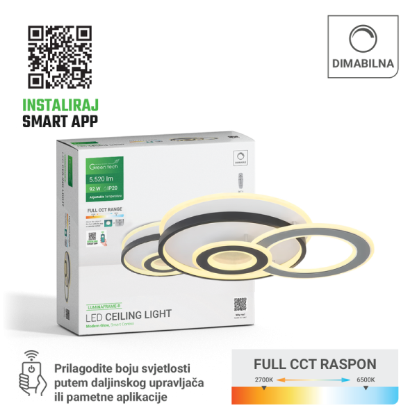 GREEN TECH Smart stropna dekorativna svjetiljka Green Tech 92W, 3CCT, dim, APP + daljinski - LUMINAFRAME-R