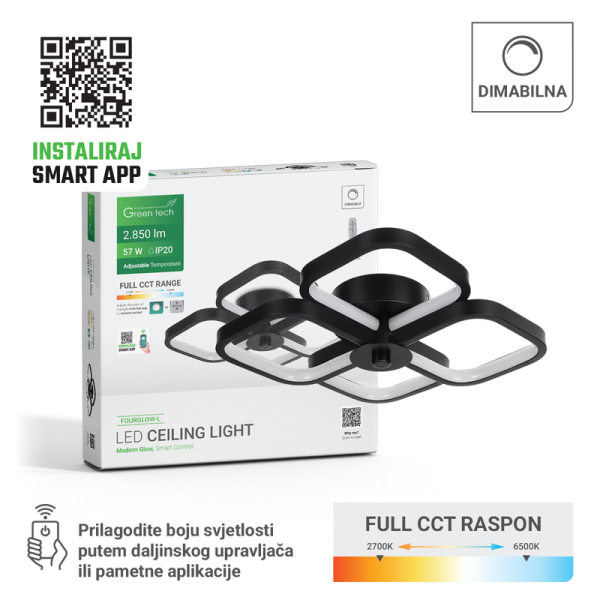GREEN TECH Smart stropna dekorativna svjetiljka Green Tech 57W, 3CCT, dim, APP + daljinski - FOURGLOW-L