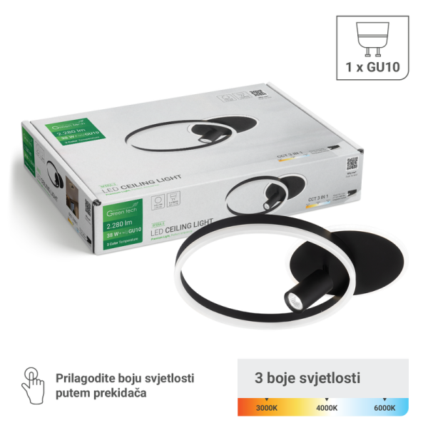 GREEN TECH Stropna dekorativna svjetiljka Green Tech 38W, 3CCT + 1 x SPOT GU10 - SFERA-3