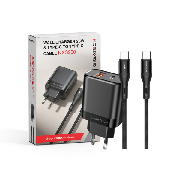 GIGATECH Univerzalni punjač + C na C kabel 1m, Gigatech, 25W, crni - NXS250