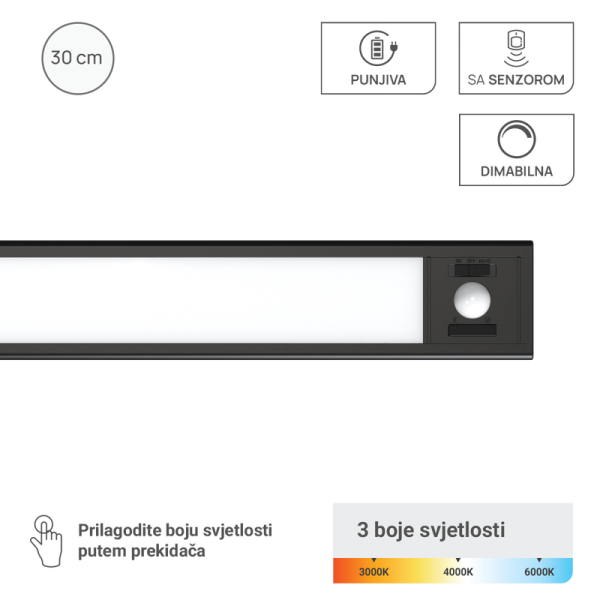 GREEN TECH LED svjetiljka Green Tech za ormare punjiva 1,5W, 3CCT, DIM, PIR senzor, crna - CAB-3CCT-S-BK30