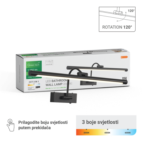 GREEN TECH LED kupaonska zidna lampa Green Tech, 14W, 1050 lm, 3CCT, IP20, crna, 62,5 cm - BTM-R-3CCT-60-BK