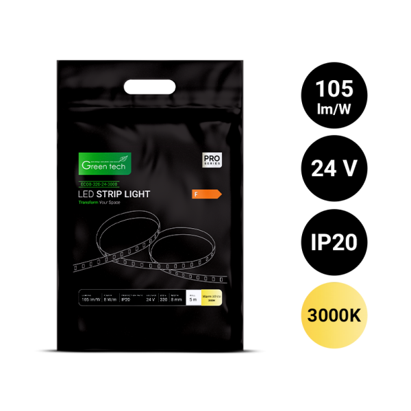 GREEN TECH LED traka Green Tech COB 320 LED, 8 mm, 8 W/m, 3000K, DC 24V, IP20, 5m/kom - ECOB-320-24-3000