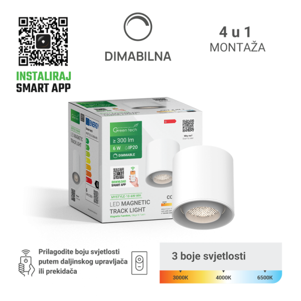 GREEN TECH LED magnetna svjetiljka Green Tech "MYSTYLE" 6W, 3CCT, Dim./ Smart Lamp APP - MYSTYLE-10-6W-WH