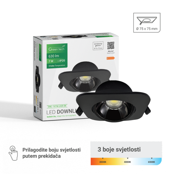 GREEN TECH LED downlight Green Tech, 7W, 3CCT, IP20, ugradni, crna boja - DWL-1X7W-UGR-BK