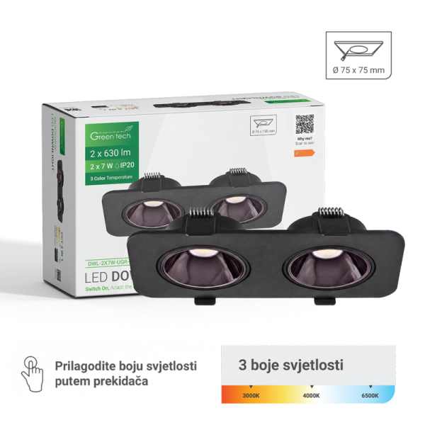 GREEN TECH LED downlight Green Tech, 2x7W, 3CCT, IP20, ugradni, crna boja - DWL-2X7W-UGR-BK