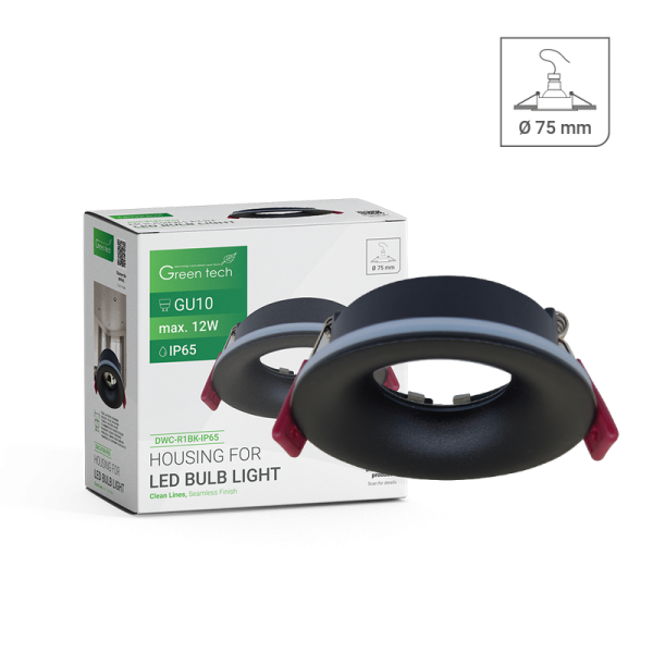 GREEN TECH Kućište za LED žarulju Green Tech, GU10, IP65, crna boja, 85 mm - DWC-R1BK-IP65