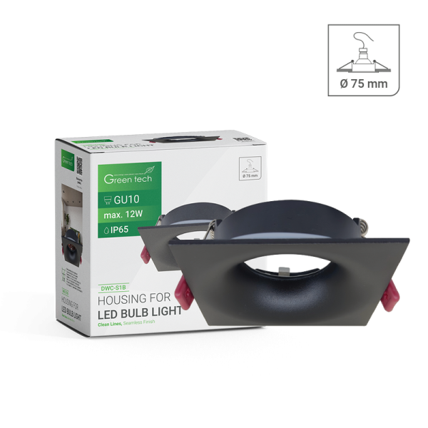 GREEN TECH Kućište za LED žarulju Green Tech, GU10, IP65, crna boja, 85 x 85 mm - DWC-S1B