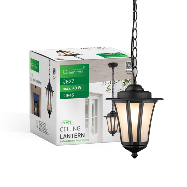 GREEN TECH Viseći fenjer Green Tech, E27 x 1, IP45, crna boja, aluminij + staklo - FV-978